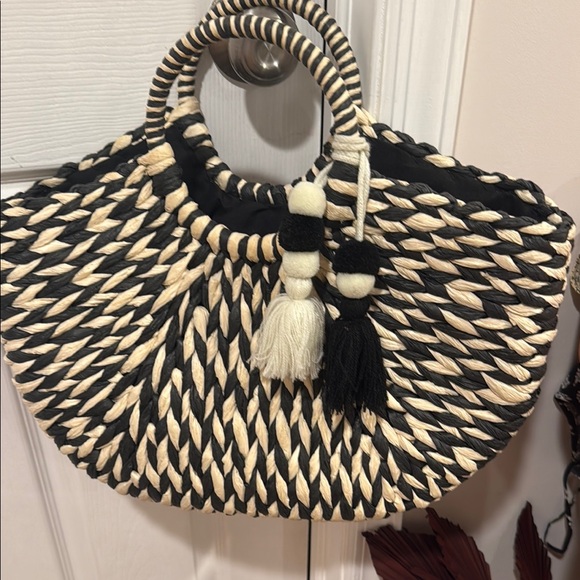 Handbags - Black and Cream Woven Handbag